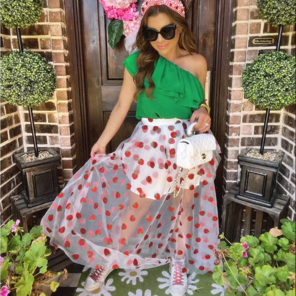 White and Red Strawberry Midi Skirt